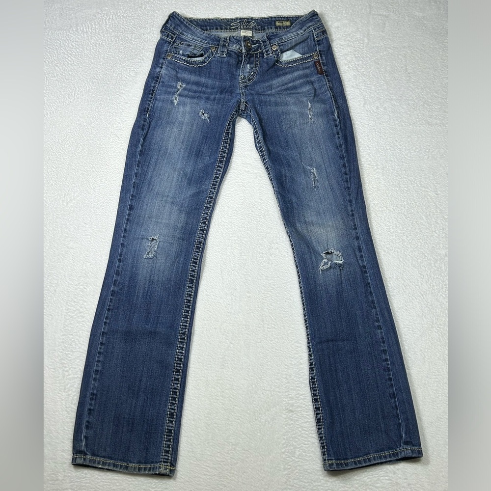 Silver Jeans Lola 17” Denim Jeans Bootcut Med Wash Distressed Stitching W29 L39